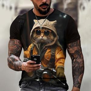 HerSight Casual heren T-shirt Stray Cat patroon bedrukt T-shirt Losse korte mouwen T-shirt Oversized herenkleding Tops Streetwear Zomer S