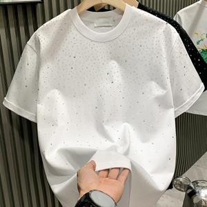 LuxeLane Zomer Heren T-shirt Strass Decor Ronde Hals Losse Pure Kleur Korte Mouwen Trui Casual Mid Lengte Dagelijkse Draag Sport Top M wit