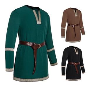 LuxeLane Middeleeuwse Viking Tuniek Shirt V-hals Lange Mouwen Borduurwerk Unisex Cosplay Podium Renaissance Evenementen Prestatie Halloween Kostuum Piraten Top S