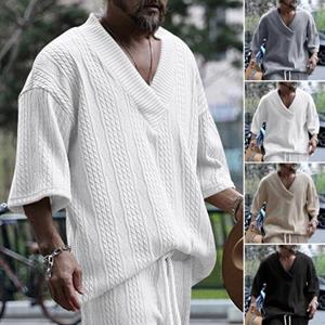 Western Cool Men Heren Top Gebreid V Hals Half Mouw Los Baggy Effen Kleur Retro Applicatie Elastisch Zacht Ademend Middellang Sport Casual T-shirt Heren T-shirt M lichtgrijze kleur
