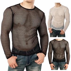Western Cool Men Heren Club Top Doorzichtig Uitgehold Visnet O Hals Korte Mouw Losse Dunne Trui Hip Hop Streetwear Heren T-shirt L