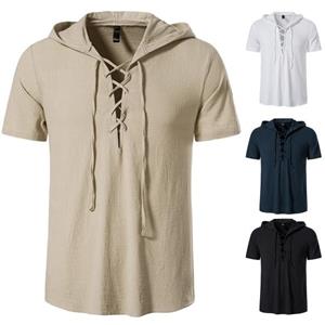 Yunzhu Heren Zomer T-shirt Effen Kleur Vetersluiting V-hals Capuchon Korte Mouwen Zacht Ademend Slim Fit Trui Sport Zakelijk Casual Heren Strand Top M kaki