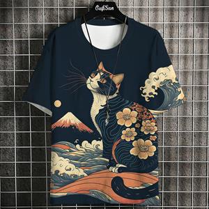 ETST 012 Cartoon Anime Kat Bedrukt T-shirt Voor Mannen Japanse T-shirts Wolf T-shirt Outdoor Hip Hop Tops Kleding Casual Losse Korte Mouw T-shirts S