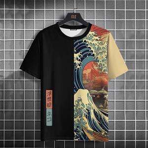ETST 05 Japanse stijl heren T-shirt Ukiyo-e zeegolfpatroon bedrukking T-shirts Casual losse korte mouw T-shirt Oversized herenkleding Top S
