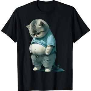 ETST0013 Leuke grappige dikke kat kunstontwerp dikke kitten kattenliefhebber T-shirt voor mannen vrouwen mooie korte mouwen grafische katoenen heren T-shirt S