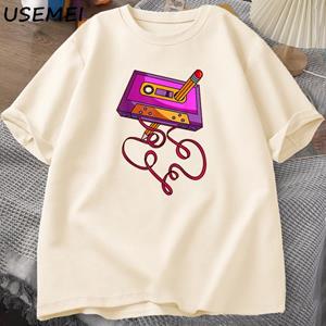 FT T Shirts 80s Cassette Tape Pencil Bedrukte T-shirts 1980s Retro Vintage Throwback Muziek T-shirt Herenkleding Oversized T-shirts S beige