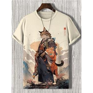 ETST WENDY 05 Japanse Samurai Kat Heren T-shirt Zomer Mode Korte Mouw Casual Top Losse Ademende Micro Elastische O Hals T-shirt Heren XL