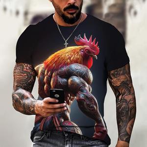 Xuhaijian02 3D Print Heren T-shirts Losse pasvorm Creatieve dieren Grafische haan Heldenprint T-shirt voor heren Grappige mode Herenkleding Zomer S