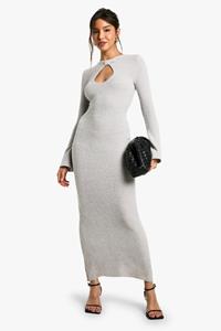 Boohoo Bouclé Maxi Jurk Met Nek Detail, Grey