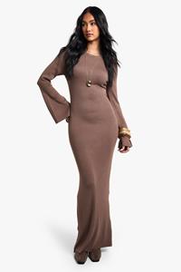 Boohoo Geribbelde Gebreide Premium Maxi Jurk Met Wijde Mouwen, Mushroom