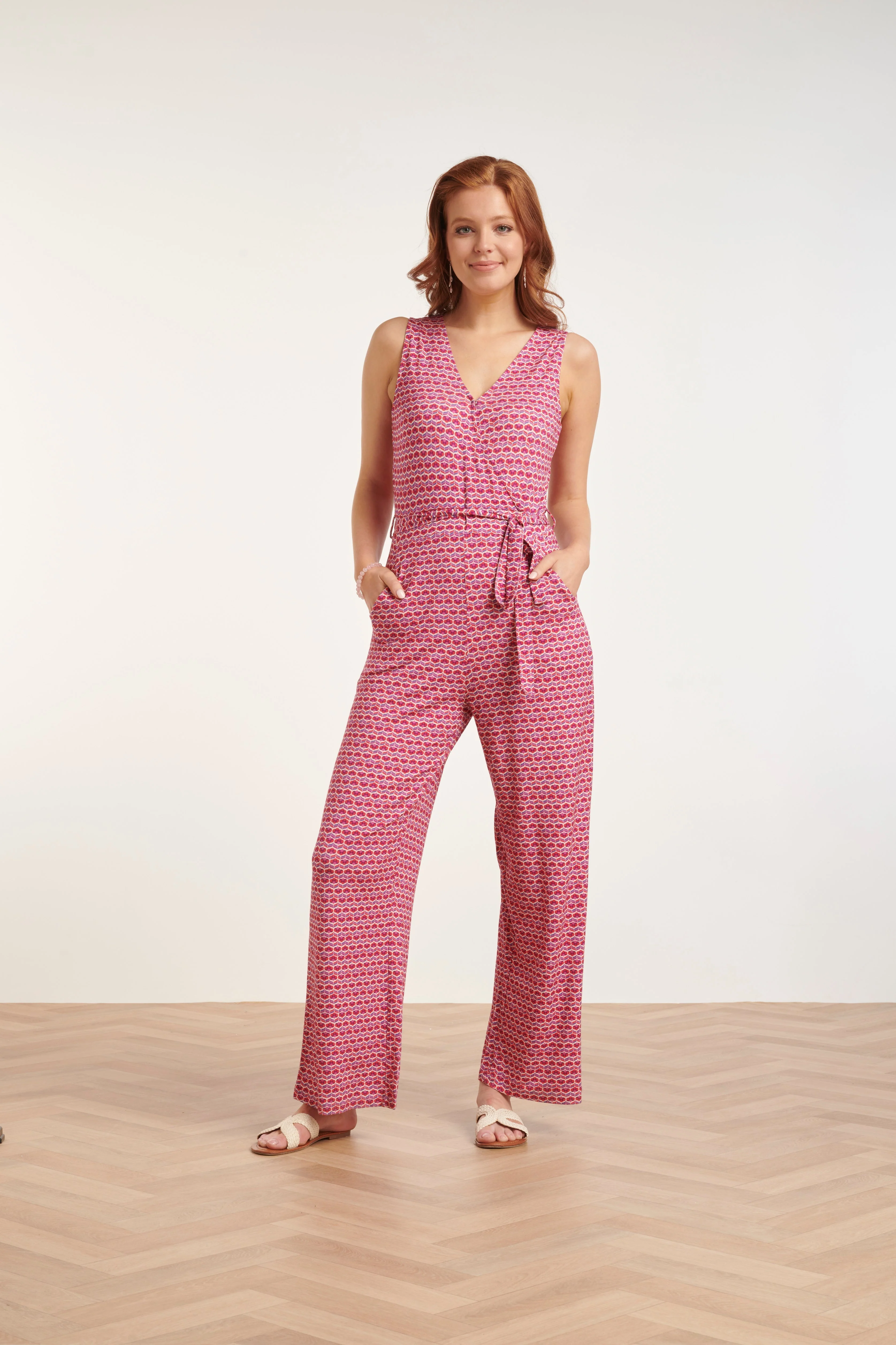 Smashed Lemon 24444 roze retro grafische print jumpsuit wijde pijpen