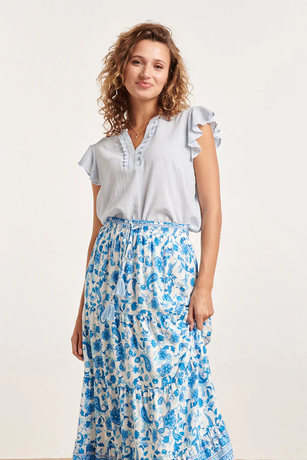 Smashed Lemon 24359 dames korte ruffle mouw baby blauwe top