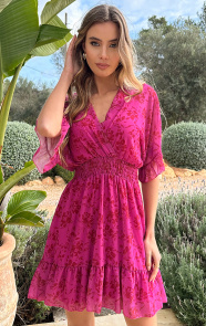 Jurkjes V-hals Print Dress Marrit Floral Fuchsia