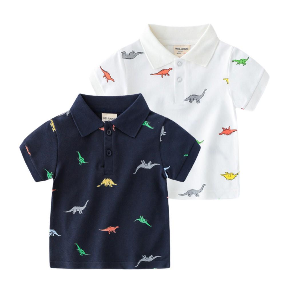 BOOSKU Jongens Zomer Dinosaurus Print T-shirts School Kinderkleding Katoen Korte Mouw Turn-down Kraag Dichtgeknoopt Sport Tees Maat 1-7T 110