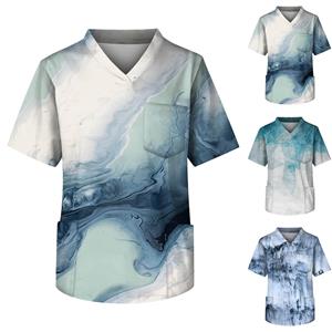 Niubiplus Heren Bedrukte Korte Mouw V-hals Tops Werkende Zak Blouse L grijze kleur