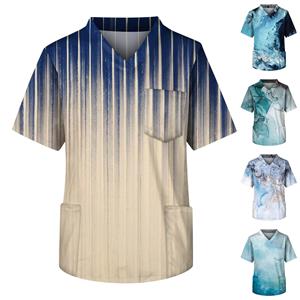 Niubiplus Heren Bedrukte Korte Mouw V-hals Tops Werkende Zak Blouse L blauw