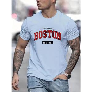 HerSight Stijlvol Boston Letter Print Crew Neck T-shirt - Zacht licht stretch polyester All-season kleding voor outdoor- en straatmodeliefhebbers S zwart