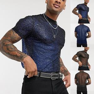 Azmnsn Heren Sexy Heren Nachtclub Stijl T-shirt Mesh Dun Ademend Mode Nachtclub Feest Bottoming Shirt XL zwart