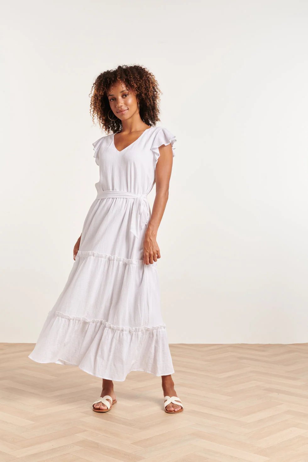 Smashed Lemon 24358 dames witte maxi jurk met korte ruffle mouwen