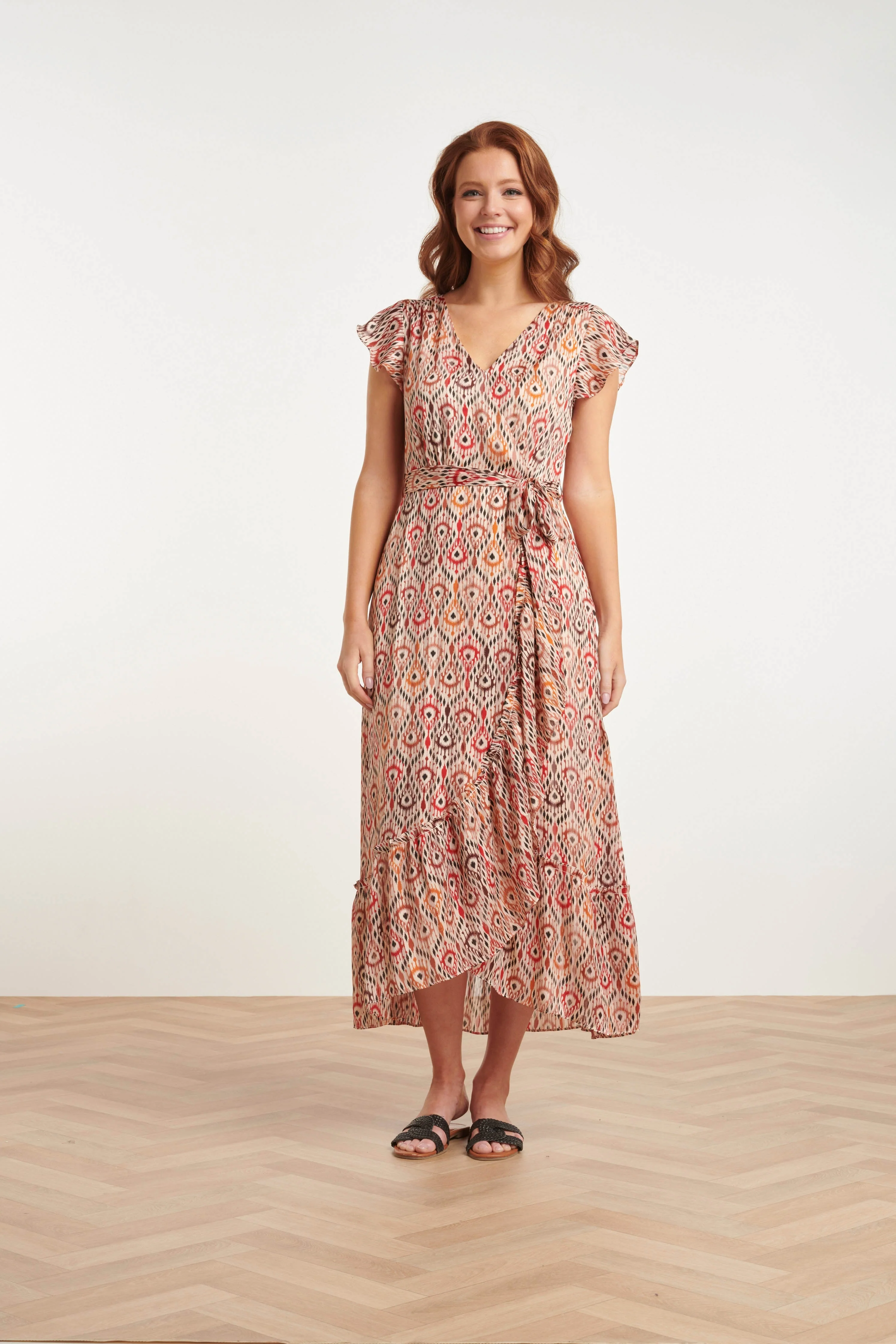 Smashed Lemon 24412 aardetinten satijnen wrap jurk met azteekse print