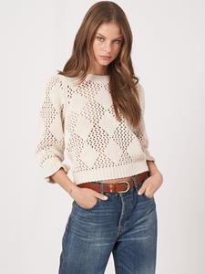 REPEAT cashmere Katoenen gehaakte trui met ruitjespatroon