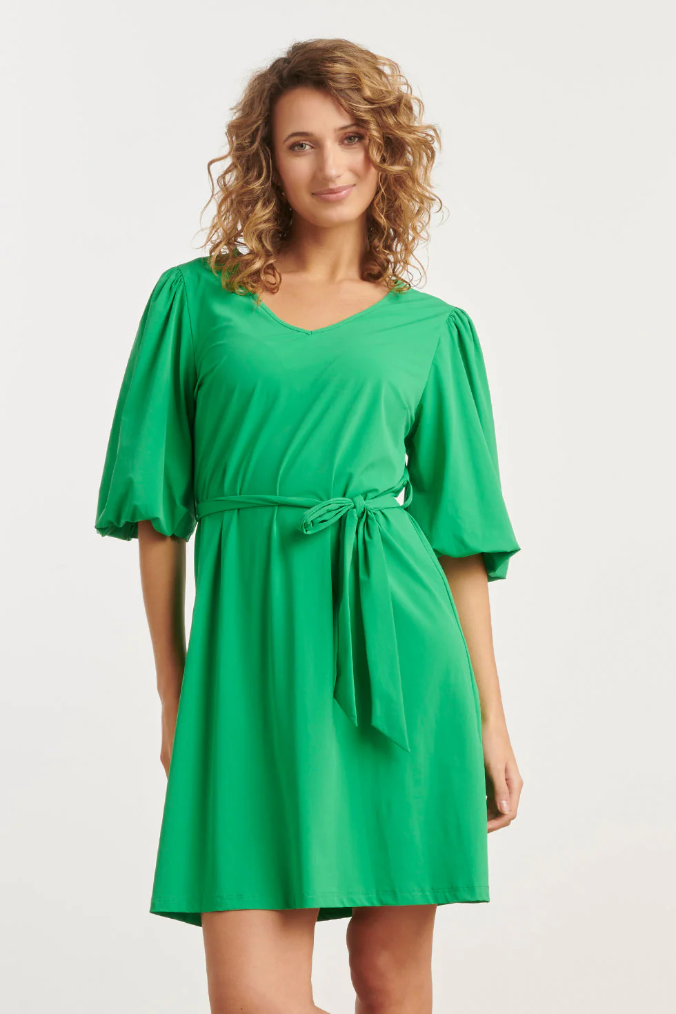 Smashed Lemon 25254 groene ballonmouwen jurk in travelkwaliteit