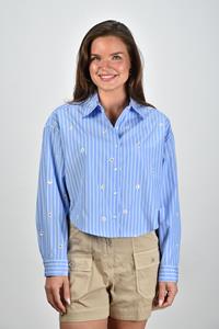 Aspesi blouse cropped blauw gestreept met bloem detail