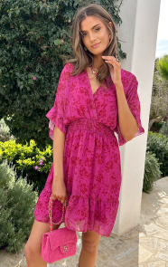 The Musthaves Ruffle Laagjes Jurk Floral Fuchsia