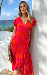 The Musthaves Flower Jurk Midi Fuchsia Oranje