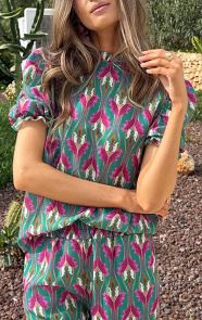 Jurkjes Ruffle Pofmouwen Top Tropische Print