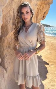 Jurkjes Pofmouwen V-Hals Jurk Romy Beige