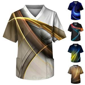 Niubiplus Heren Bedrukte Korte Mouw V-hals Tops Werkende Zak Blouse L zwart