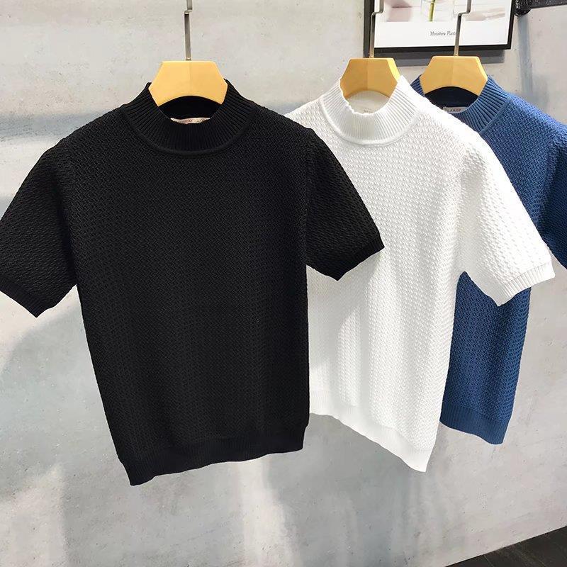 VantaGoods 2023 Heren Trendy Effen Kleur Halfhoge Kraag Korte Mouw Gebreide Trui T-shirt S