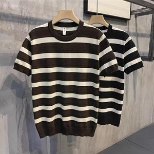 VantaGoods Modieus zwart-wit gestreept gebreid T-shirt met korte mouwen voor heren XL koffie