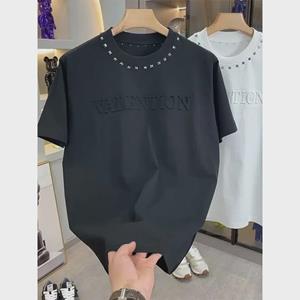 VantaGoods Heren zomermode: Trendy Rivet Steel Print Losse Ronde Hals T-shirt met Korte Mouwen L wit