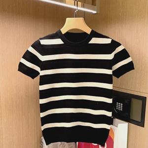VantaGoods Heren zwart-wit gestreept halflange ronde hals ijszijde T-shirt - Zomermodetrend Large koffie