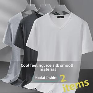 VantaGoods Heren Sneldrogend Modal Ice Silk V-hals Korte Mouw Zwart T-shirt 4XL framboos