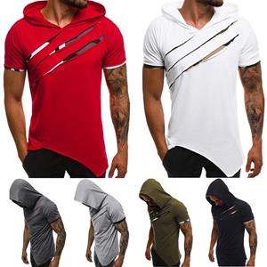 Lady cosmetic Heren zomer casual patchwork slanke T-shirt met korte mouwen en topblouse met capuchon M rood