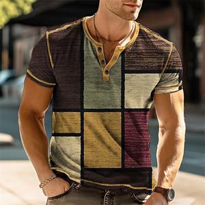 Our T-shirts 3D Print Patchwork Color Block Vintage Henley Shirts Men's Fashion Oversized Button-Up Short Sleeve T-Shirts Tops Clothes S