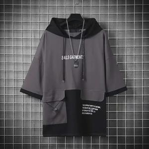 VantaGoods Japanse stijl zomer patchwork hooded tee - Unisex trendy korte mouwen voor mannen en vrouwen 3XL