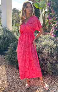 Jurkjes V-Hals Maxi Print Jurk Anouk Fuchsia Rood