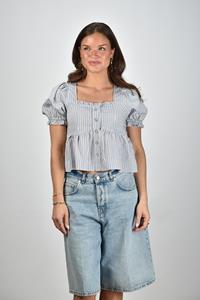 Ganni blouse met ruches en korte pofmouwen blauw