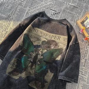 VantaGoods Heren Retro Butterfly Heavy-Washed T-shirt met korte mouwen