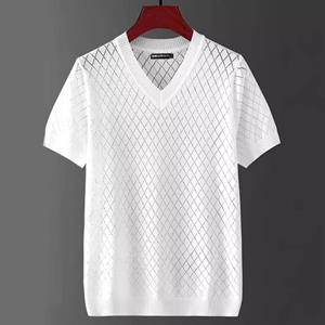 VantaGoods Heren Ice Silk V-hals Hollow Top: Coole, dunne, grote maat, gebreide trui met korte mouwen XL