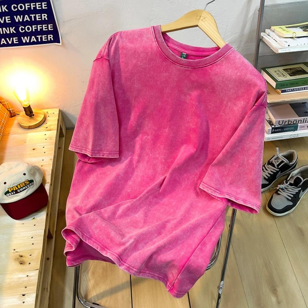 King Billion Katoenen gewassen heren T-shirts Vintage effen T-shirts Casual Harajuku Retro korte mouw top Losse basic ronde hals XL bruin