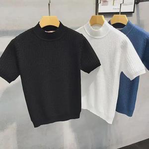 VantaGoods 2023 Heren Trendy Effen Kleur Halfhoge Kraag Korte Mouw Gebreide Trui T-shirt L