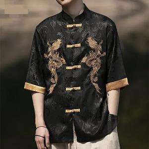 Tooyoo Zomer Chinese traditionele jurk Draak borduurwerk Shirt Heren IJs Zijde Korte Mouw Shirts S zwart