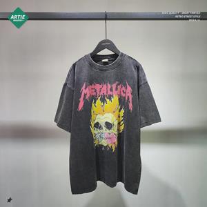 VantaGoods ARTIE Heren Washed Retro Skull Flame T-shirt - Donkere losse pasvorm, trendy korte mouw L