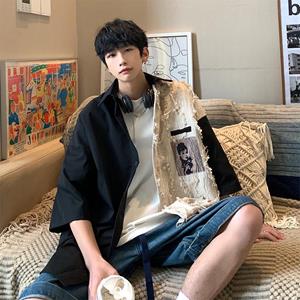 VantaGoods Heren Zomer Retro Contrast Kleur Korte Mouw Shirt - Hong Kong Stijl Koreaans Trendy Design L zwart