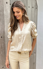 The Musthaves V-hals Top Met Pofmouw Metallic Gold